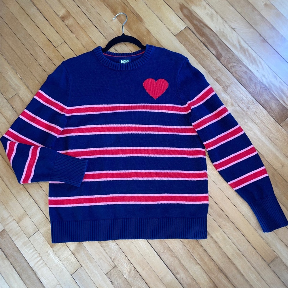 Lands' End Drifter Crewneck Sweater Striped Heart Design Preppy Blue Red Pink